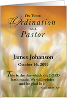 Custom Name and Date Pastor Ordination with Lilies and Cross card