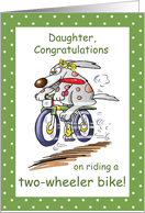 Daughter Congratulations on Riding Bike Funny Rabbit Green Polka Dot card