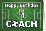 Soccer Coach Birthday with Grass Field and Ball card