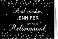 Custom Name Retirement Congratulations Black with Silver Sparkles card