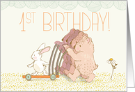 Quadruplets First Birthday Walking Bear and Rabbit card