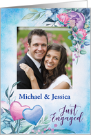Parents of Groom Photo Engagement Announcement Purple and Blue Flowers card
