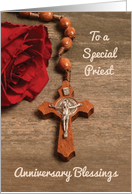 Priest Ordination Anniversary Red Rose and Rosary card