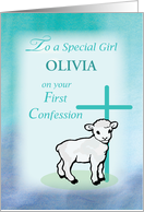 Girl Personalize First Confession Lamb and Cross card