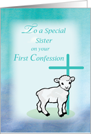 Sister First Confession Lamb Cross on Teal and Purple card