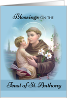 Feast Of St Anthony Of Padua saint with Jesus Lilies and Holy Bible card