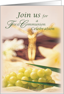 Invitation to First Communion Celebration with Golden Jesus and Grapes card