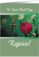 Feast Day with Pink Rose and Cross on Green card