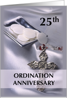 Invitation to 25th Ordination Annversary with Cross and Hosts on Silv card