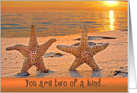 Pair of Starfish on Beach with Sunset for Anniversary card