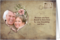 Vow Renewal invitation, vintage postcard photo card with ribbon heart card