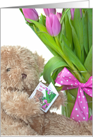 Get Well Soon Teddy Bear with Pink Tulip Bouquet card