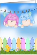 Baby Gender Reveal Party invitation, babies hanging on clothesline card