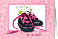 Baby Girl adoption announcement with daisy bouquet in sneakers card