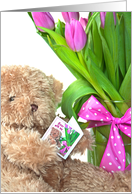 Belated Birthday teddy bear with pink tulip bouquet and polka dot bow card