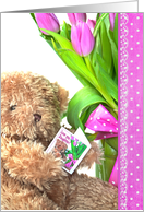 Birthday for Daughter, brown teddy bear with pink tulip bouquet card