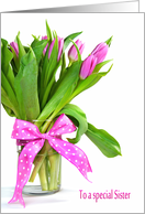 Pink Tulip Bouquet with Polka Dot Bow for Sister’s Birthday card