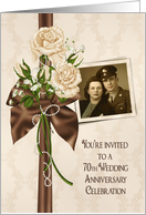 70th Anniversary party photo card invitation with ivory rose bouquet card