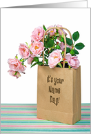 Name Day pink roses in brown paper bag card