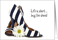Birthday for Friend, black and white striped pumps with daisy card