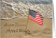 Memorial Day American flag on the seashore with God Bless America card