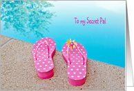 Birthday for Secret Pal polka dot flip flops by swimming pool card