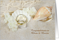 wedding congratulations Name Specific with rings in seashell in sand card