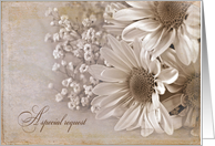 Walk me down the aisle request, daisy bouquet in sepia card