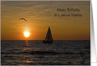 Nephew’s Birthday sailboat sailing on lake at sunset with seagull card