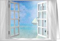open window with ocean view of lighthouse and sailboat card