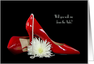 walk me down the aisle invitation-red pumps with pearls and flower card