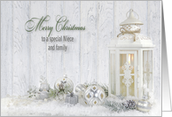 Niece and family Christmas white lantern with candle and ornaments card