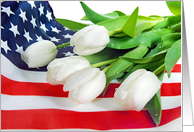 White Tulip Bouquet on American Flag for Memorial Day card