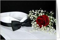 Formal Party invitation-red rose on tuxedo shirt with black bow tie card
