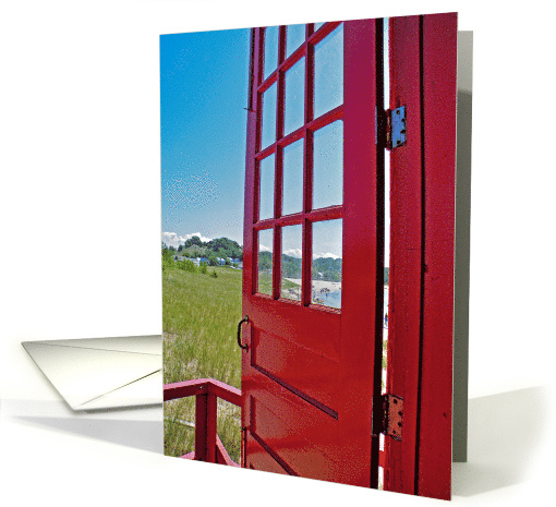 New Job, bright red door opened with beach view card (238985)