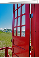 New Job, bright red door opened with beach view card