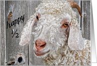 Half Birthday, cute billy goat by old barn card