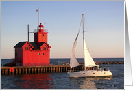 Birthday Big Red Michigan lighthouse and sailboat in Holland Harbor card