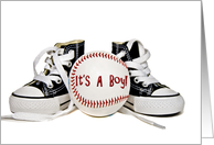 Baby boy sneakers with baseball for new son card