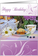 Birthday Vintage Teacup with Blueberry Muffin and Daisy Basket card