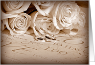 wedding rings with rose bouquet with sepia frame card