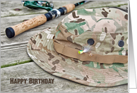 Birthday for him, fishing hat and pole on rustic wood card