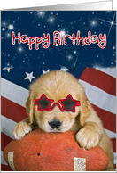 Birthday Golden Retriever with star sunglasses on a football with flag card