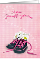 New Granddaughter daisy bouquet in little girl sneakers on gingham card