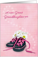 New Great Granddaughter with daisy bouquet in sneakers on pink gingham card