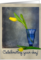 Name Day with yellow tulip in blue vase card