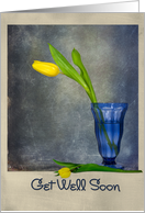 Get Well yellow tulip in blue vase card