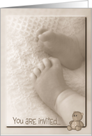 Baby Shower invitation with soft baby feet and teddy bear in sepia card