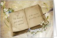 wedding vow renewal invitation with vintage book, quill and bouquet card