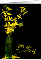 Name Day yellow forsythia bouquet in green vase with lady bugs card